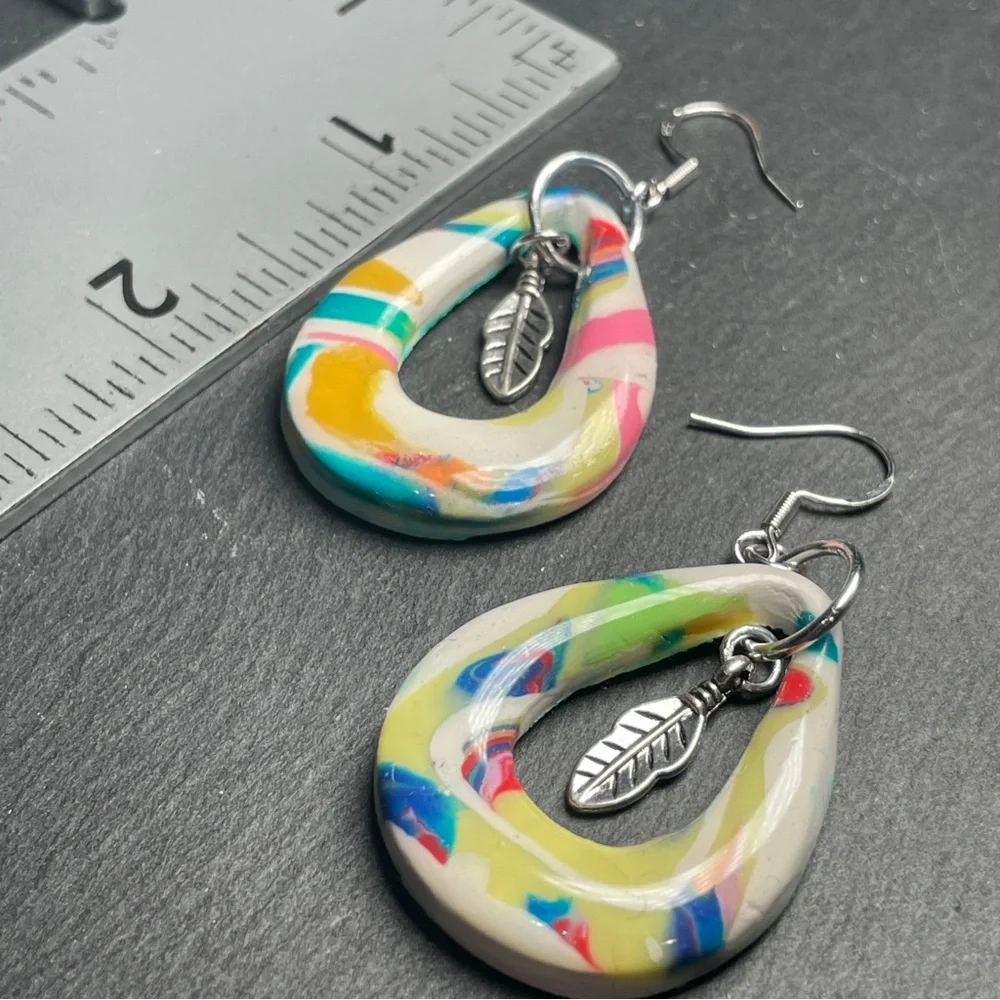 Custom Made Clay Teardrop Earrings With Antique Silver Feather Charms - Picture 9 of 11